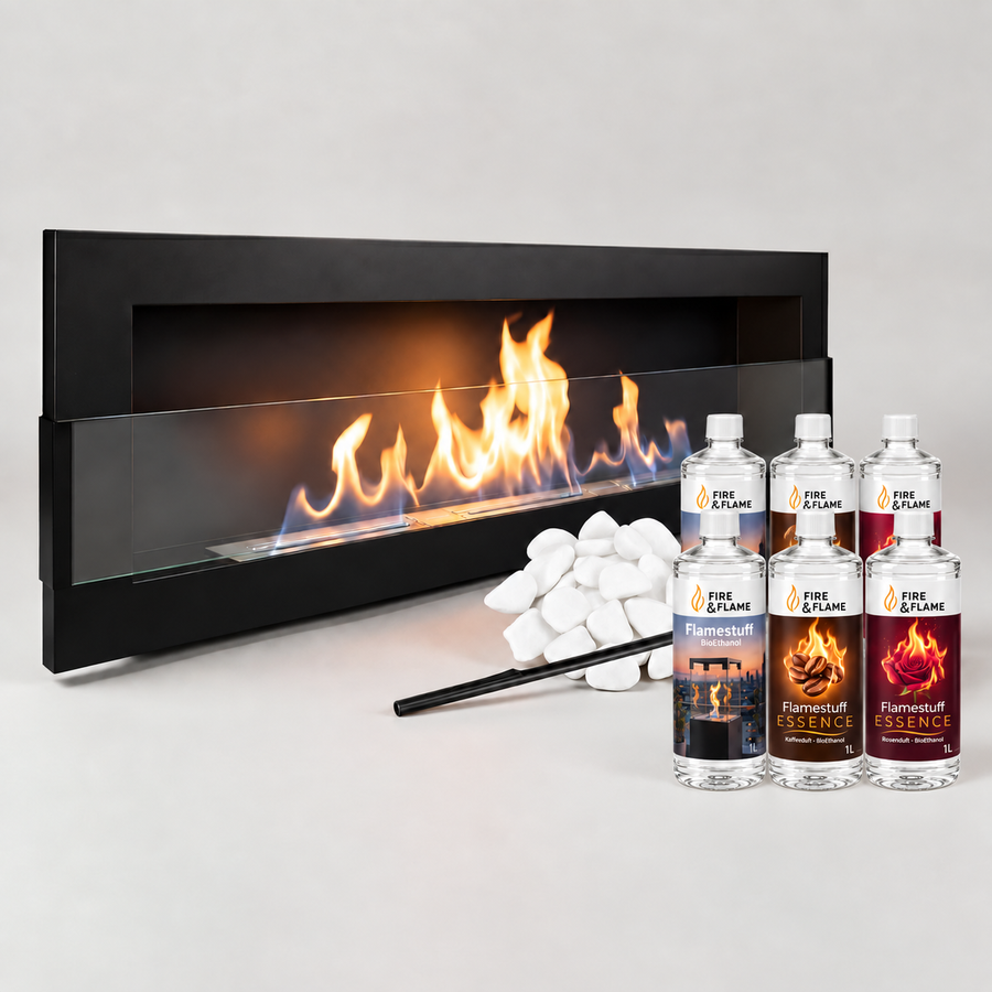 Wandkamin Elegant 1200×400 Starterpaket mit Flamestuff und Stabfeuerzeug