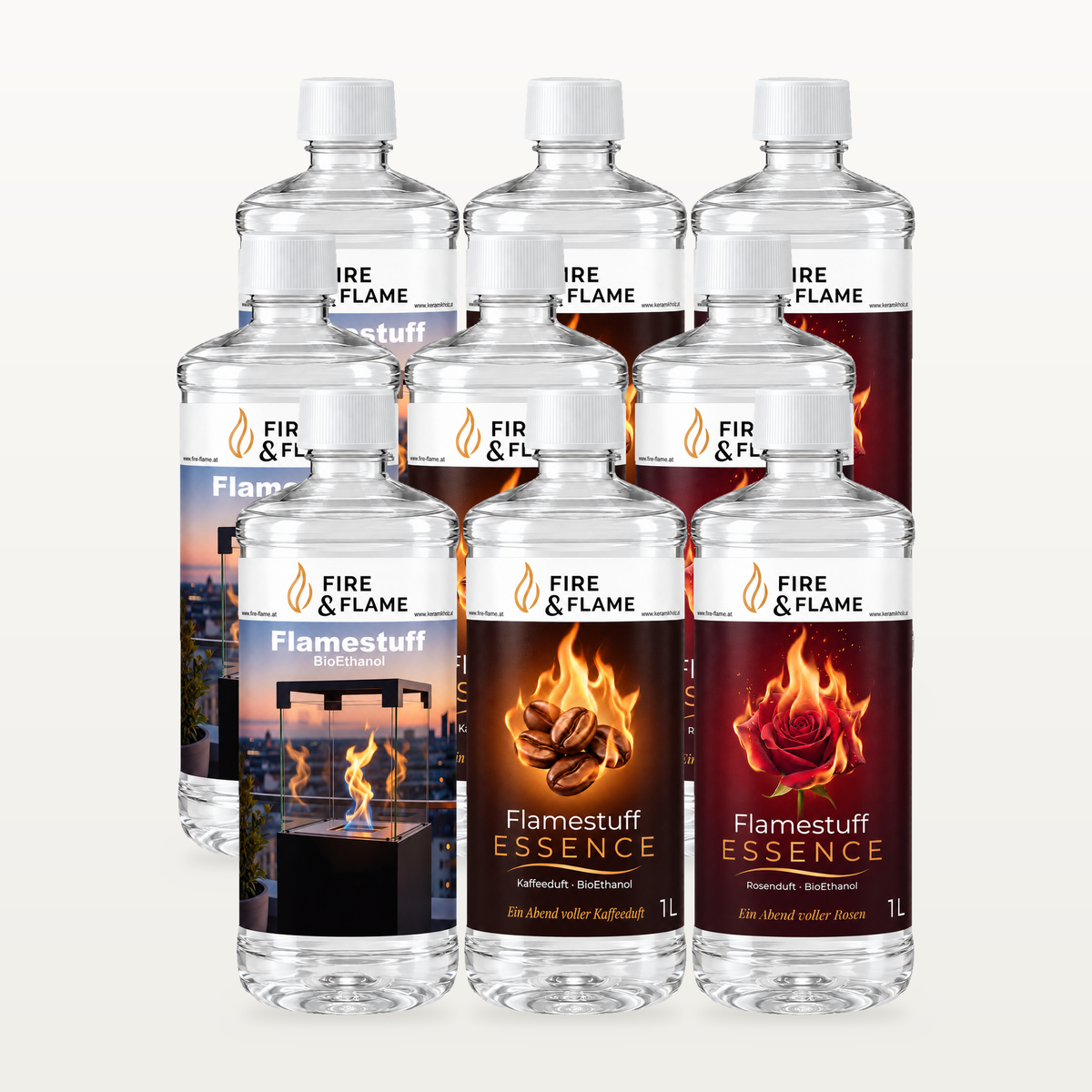 Flamestuff Probierpaket 9 L – Bioethanol Neutral, Kaffee & Rose