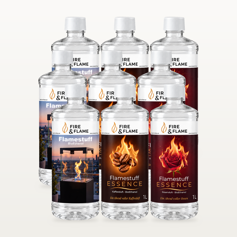 Flamestuff Probierpaket 9 L – Bioethanol Neutral, Kaffee & Rose