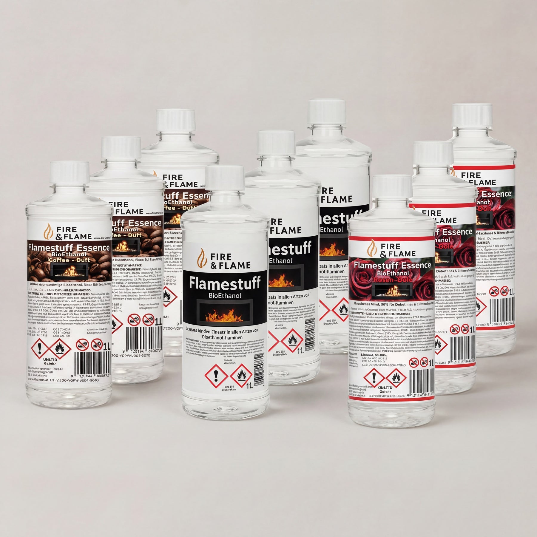 Flamestuff Bioethanol Probierpaket 9L – Brennstoff für Ethanolkamine – Neutral, Kaffee & Rose