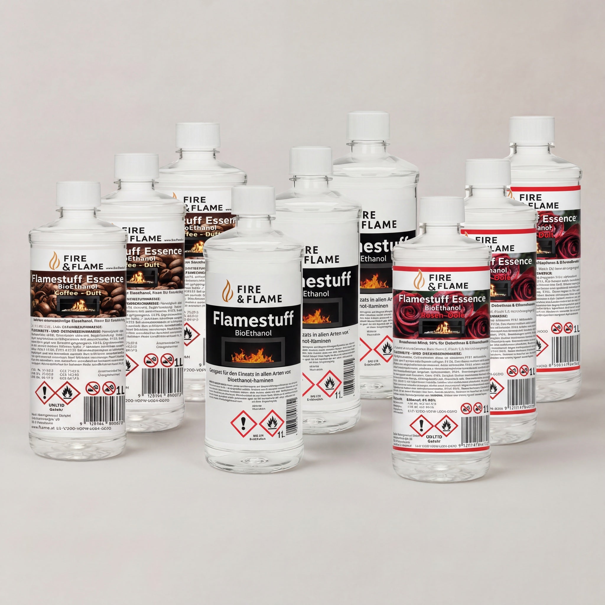 Flamestuff Bioethanol Probierpaket 9L – Brennstoff für Ethanolkamine – Neutral, Kaffee & Rose