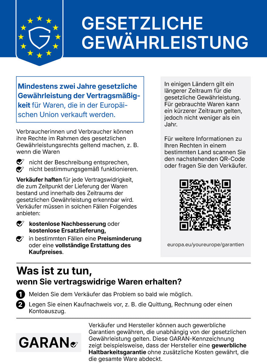 Harmonisierte EU-Mitteilung: Gesetzliche Gewährleistung – mindestens zwei Jahre gesetzliche Gewährleistung der Vertragsmäßigkeit für Waren, die in der Europäischen Union verkauft werden