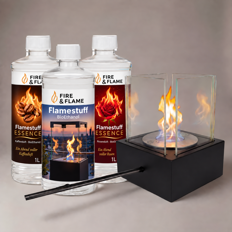 Tischkamin Luma130 Starterpaket mit Flamestuff und Stabfeuerzeug