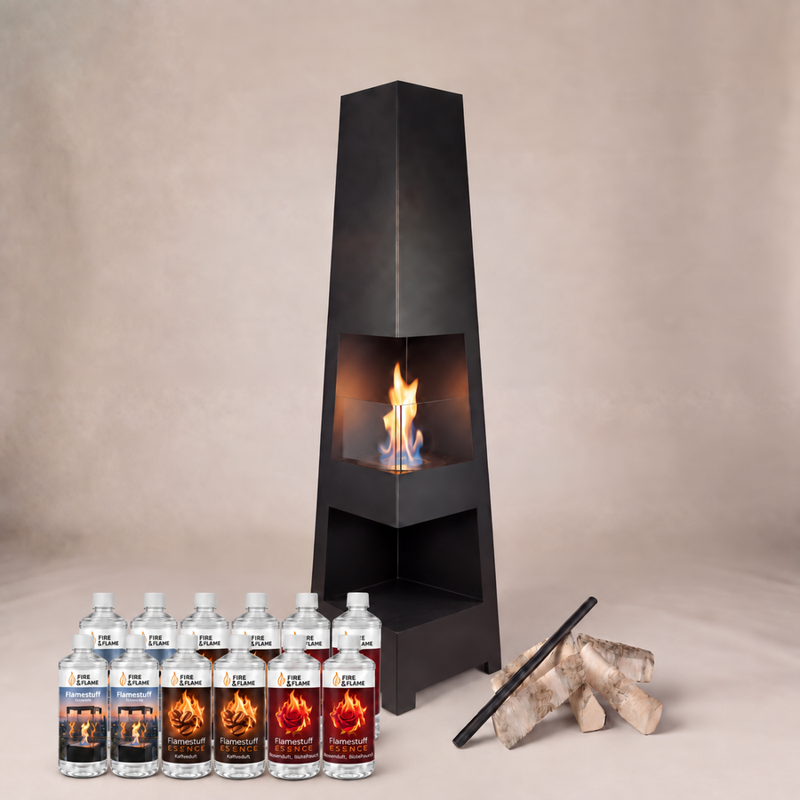 Standkamin Modern Starterpaket mit Flamestuff und Stabfeuerzeug