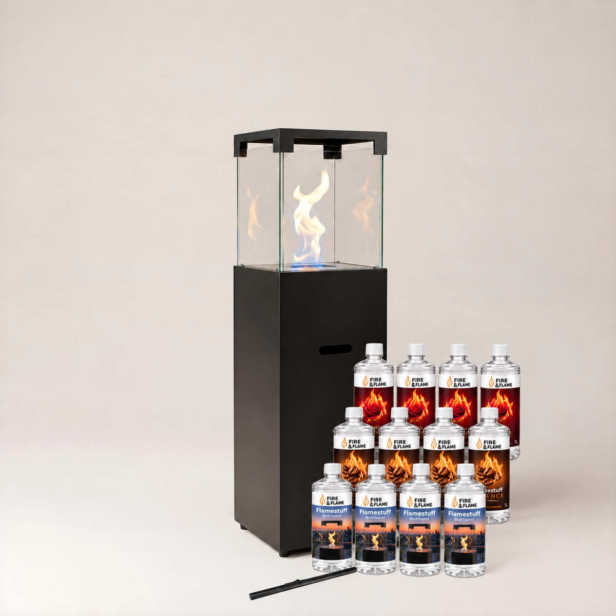 Standkamin Tower Starterpaket – Kamin, 12 L Bioethanol & Feuerzeug – Mix - Neutral; Kaffee- und Rosenduft (jeweils 4 Flaschen)