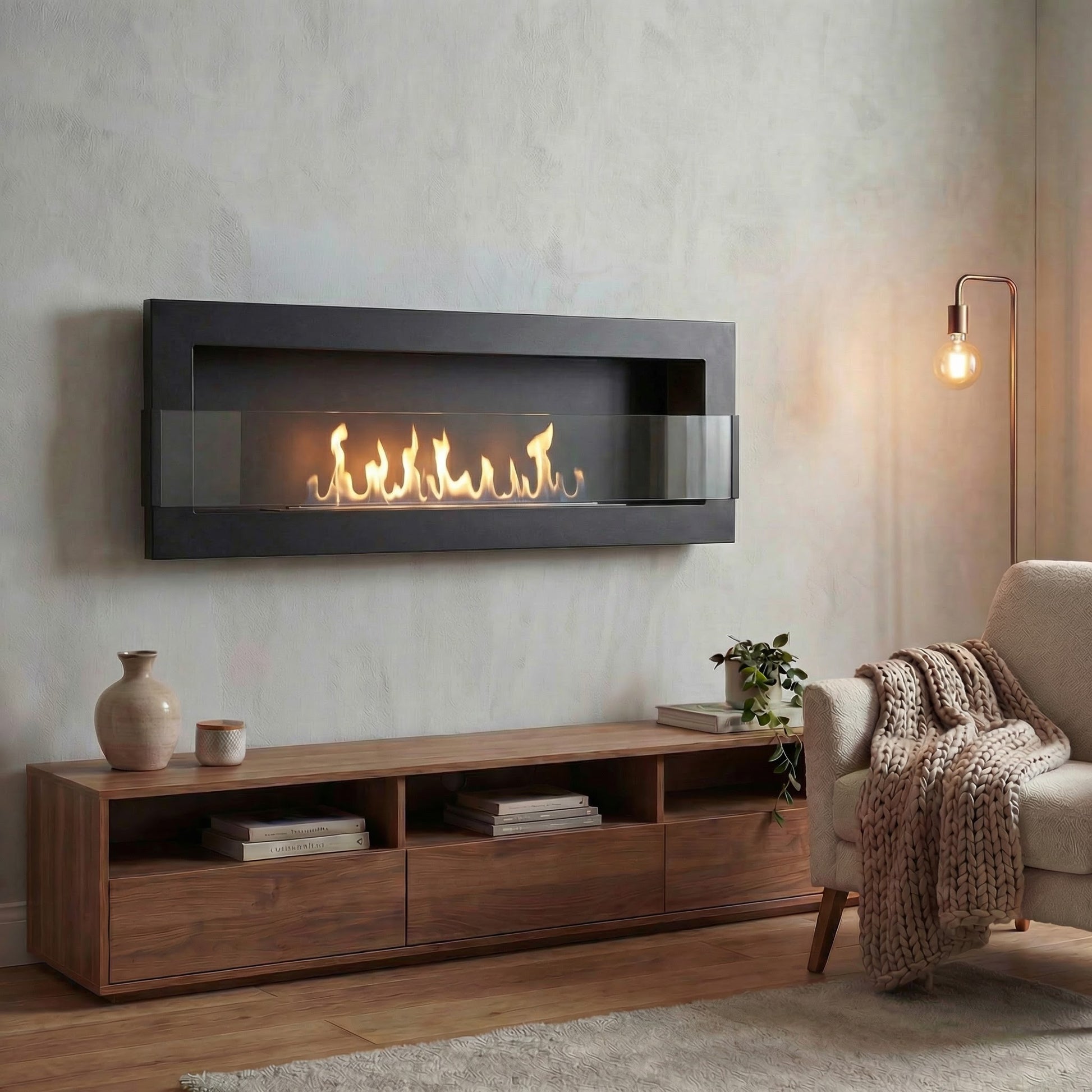 Bioethanol Wandkamin Elegant 1200×400 Starterpaket – stilvolles Designfeuer für dein Zuhause
