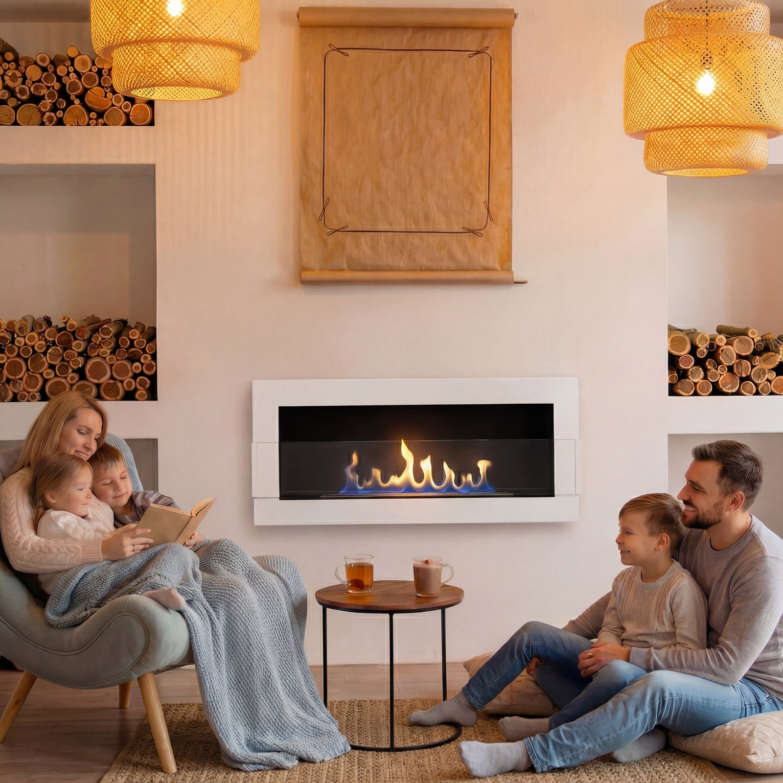 Bioethanol-Wandkamin mit echter Flamme in wohnlichem Ambiente